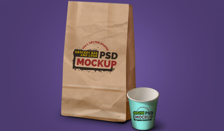 Grocery Bag, Coffee Cup & Logo Mockup